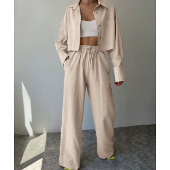 Women's Matching Co Ord Two Piece Set Linen Textured Drop Shoulder Button Up Pocket Long Sleeve Crop Shirt with Drawstring High Waisted Baggy Wide Leg