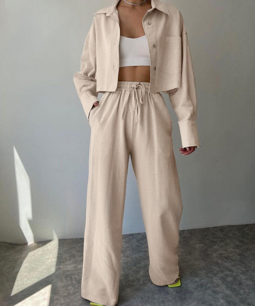 Women's Matching Co Ord Two Piece Set Linen Textured Drop Shoulder Button Up Pocket Long Sleeve Crop Shirt with Drawstring High Waisted Baggy Wide Leg