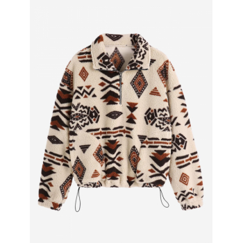 Women Hoodies ZAFUL Women's Drop Shoulder Ethnic Aztec Tribal Geo Print Quarter Zip Toggle Drawstring Fluffy Teddy Sweatshirt L Light coffee