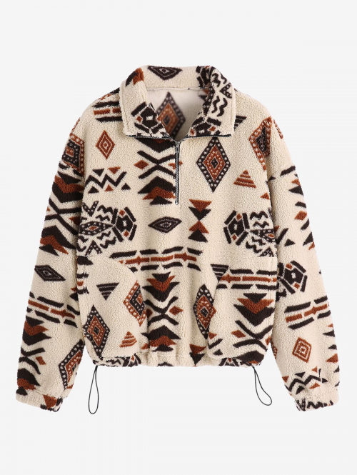 Women Hoodies ZAFUL Women's Drop Shoulder Ethnic Aztec Tribal Geo Print Quarter Zip Toggle Drawstring Fluffy Teddy Sweatshirt L Light coffee