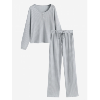 Women's Casual Textured Semi-sheer Solid Color Buttons Long Sleeves Boxy T Shirt Drawstring Straight Leg Pants Two Piece Set S Gray