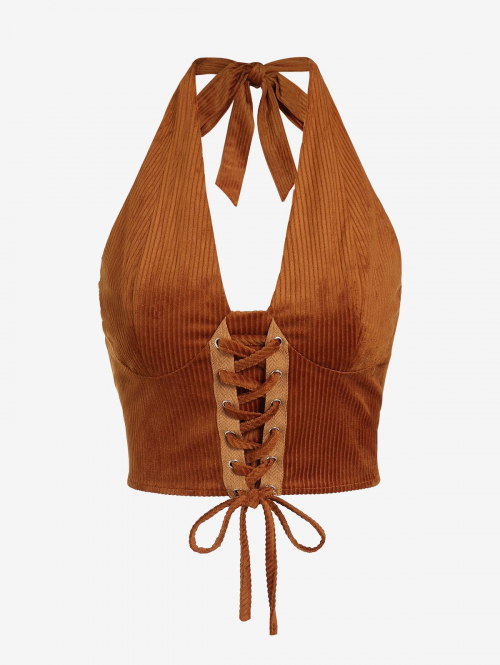 Women Tank Tops ZAFUL Women's Sexy Going Out Corduroy Lace Up Grommet Halter Tie Plunge Front Backless Crop Tank Top L Coffee