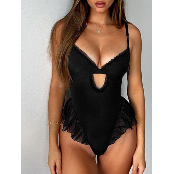 Women Bodysuits Women's Sexy Frilled Ruffles Mesh Panel Cut Out Spaghetti Strap Cami Bodysuit M Black