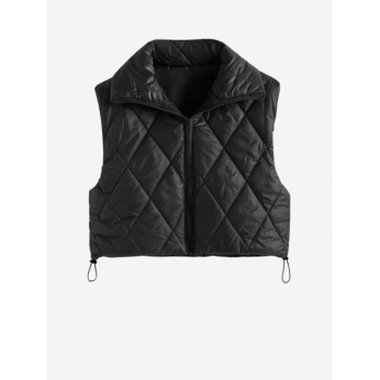 Women's Daily Solid Color Zip Up Toggle Drawstring Hem Padded Quilted Puffer Crop Vest Waistcoat S Black