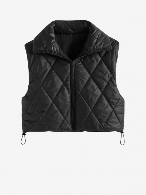 Women's Daily Solid Color Zip Up Toggle Drawstring Hem Padded Quilted Puffer Crop Vest Waistcoat S Black