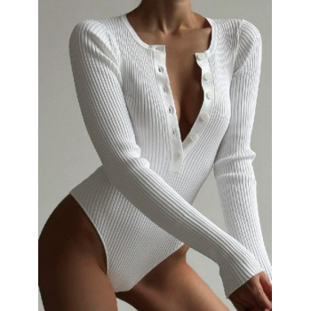 Women Bodysuits Women's Daily Solid Color Ribbed Knit Half Buttoned Crew Neck Long Sleeve Bodysuit L White