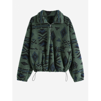 Women Hoodies ZAFUL Women's Drop Shoulder Ethnic Aztec Tribal Geo Print Quarter Zip Toggle Drawstring Fluffy Teddy Sweatshirt L Deep green