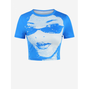 Fashion Women Tees Short Sleeves Female Portrait Slim Fit Vintage Baby Crop T Shirt L Blue