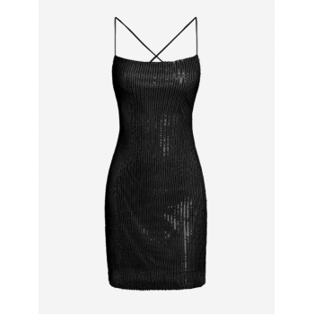 Bodycon Dress Women's Sexy Club Festival Sequins Criss Cross Lace Up Backless Spaghetti Strap Metallic Mini Slinky Dress L Black