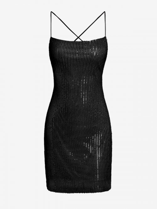 Bodycon Dress Women's Sexy Club Festival Sequins Criss Cross Lace Up Backless Spaghetti Strap Metallic Mini Slinky Dress L Black