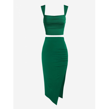 Women's Ruched Square Neck Cowl Front Tank Top Thigh Split Bodycon Skirt Matching Two Piece Dress Deep green