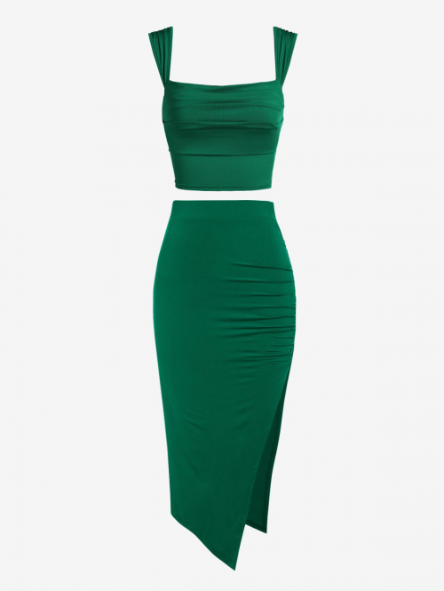 Women's Ruched Square Neck Cowl Front Tank Top Thigh Split Bodycon Skirt Matching Two Piece Dress Deep green