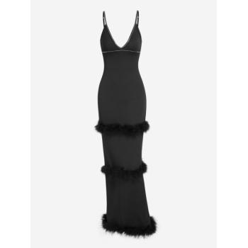 Bodycon Dress Women's Sexy Elegant Party Prom Eveing Gown Rhinestones Decor Feathers Trim Layered Back Slit Open Back Spaghetti Strap Cami Slinky Maxi