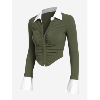 Women Blouses Women's Sexy Y2K Streetwear Contract Color Turn-down Collar Hook and Eye Ruched Asymmetric Hem Long Sleeve Crop Shirt M Green