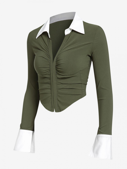 Women Blouses Women's Sexy Y2K Streetwear Contract Color Turn-down Collar Hook and Eye Ruched Asymmetric Hem Long Sleeve Crop Shirt M Green