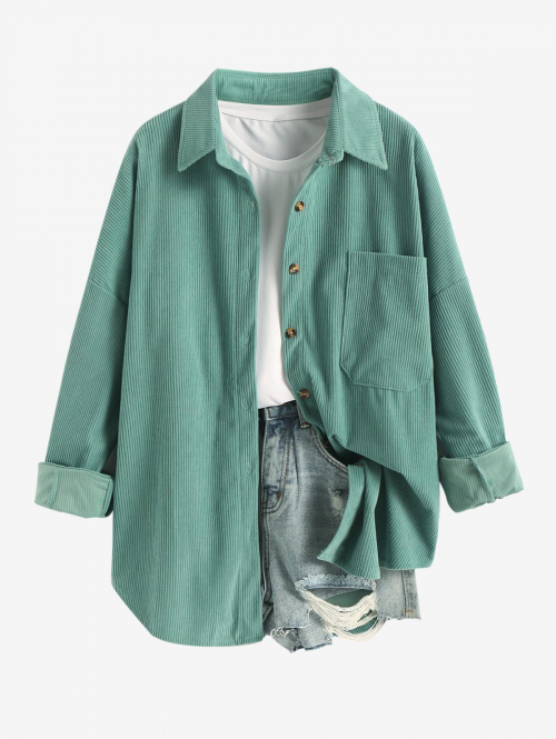 Women's Daily Solid Color Single Breasted Front Pocket Corduroy Shirt Jacket Shacket L Green