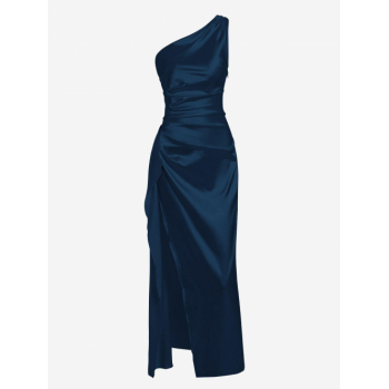 Maxi Women's Satin One Shoulder Backless Ruched Thigh Split Maxi Party Dress M Deep blue