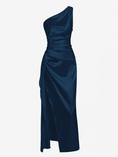 Maxi Women's Satin One Shoulder Backless Ruched Thigh Split Maxi Party Dress M Deep blue