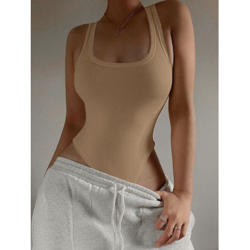 Women Bodysuits Solid Basic Ribbed Racerback High Leg Bodysuit M Light coffee