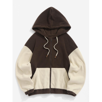 Women's Daily Hooded Fleece Drawstring Drop Shoulder Pocket Zip Up Colorblock Two Tone Jacket M Coffee