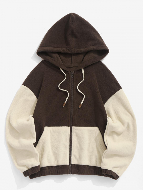 Women's Daily Hooded Fleece Drawstring Drop Shoulder Pocket Zip Up Colorblock Two Tone Jacket M Coffee