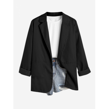 Women Blazers Women's Solid Color Lapel Collar Padded Shoulder Long Sleeves Open Front Office Work Blazer L Black