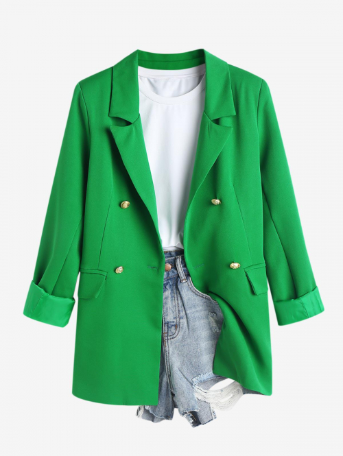 Women Blazers Women's Daily Office Work Long Sleeve Shoulder Pads Flap Pockets Metallic Button Double Breasted Lapel Slim Fit Blazer M Green