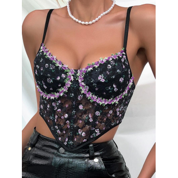 Women Tank Tops Women's Sexy Floral Print Spaghetti Strap Lace See Thru Underwire Boned Detail Crop Bustier Corset Style Camisole S Black