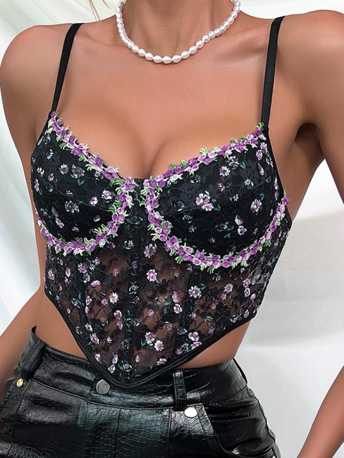 Women Tank Tops Women's Sexy Floral Print Spaghetti Strap Lace See Thru Underwire Boned Detail Crop Bustier Corset Style Camisole S Black