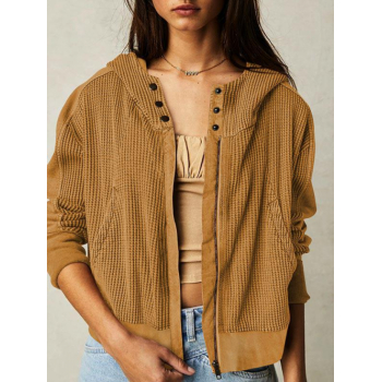 Women's Daily Textured Hooded Button Placket Zip Up Drop Shoulder Long Sleeve Pocket Jacket S Coffee