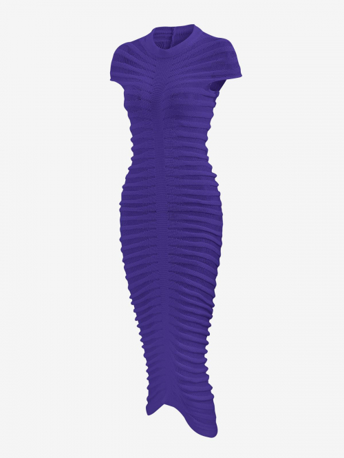 Bodycon Dress Women's Sexy Knitted See Thru Mock Neck Cap Sleeve Solid Color Midi Bodycon Dress L Purple