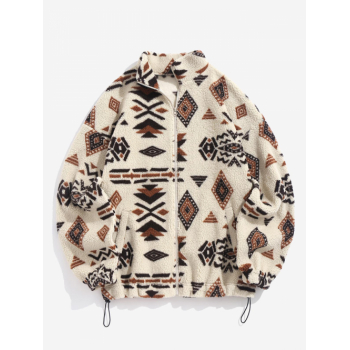 ZAFUL Women's Ethnic Geometric Print Faux Fur Toggle Drawstring Hem Zip Up Drop Shoulder Stand Collar Coat L Coffee