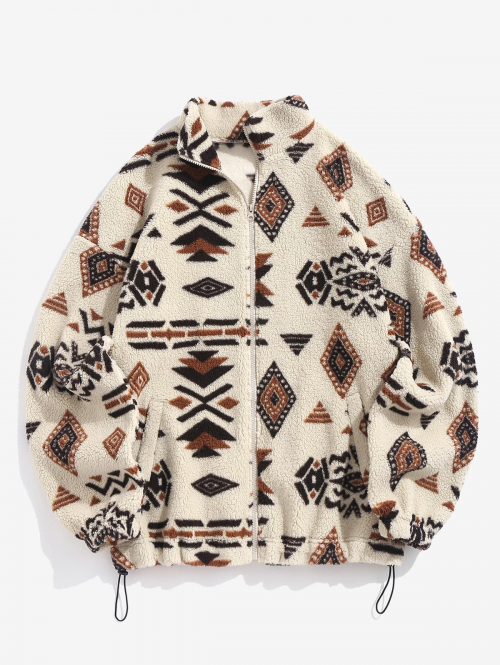 ZAFUL Women's Ethnic Geometric Print Faux Fur Toggle Drawstring Hem Zip Up Drop Shoulder Stand Collar Coat L Coffee