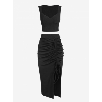 Bustier Ribbed Panel Tank Top with Cinched Notched Asymmetrical Skirt Set Black