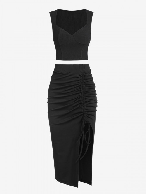 Bustier Ribbed Panel Tank Top with Cinched Notched Asymmetrical Skirt Set Black