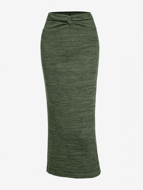 ZAFUL Women's Elegant Style Daily Heather Knit Twisted Design Slinky Midi Skirt M Deep green