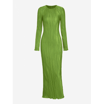 Bodycon Dress Women's Plisse Textured Round Neck Long Sleeves Solid Color Lettuce Hem Maxi Slinky Party Dress S Green