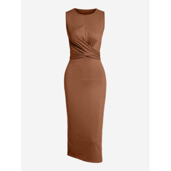 Bodycon Dress Criss Cross Self Tie Side Slit Solid Color Ribbed Slinky Midi Tank Dress M Coffee