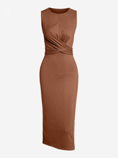 Bodycon Dress Criss Cross Self Tie Side Slit Solid Color Ribbed Slinky Midi Tank Dress M Coffee