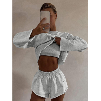 Women's Y2K Tracksuit Three Piece Set Solid Color Ribbed Cami Top and Letter Printed Pullover Crop Long Sleeves Sweatshirt and Track Shorts S Gray