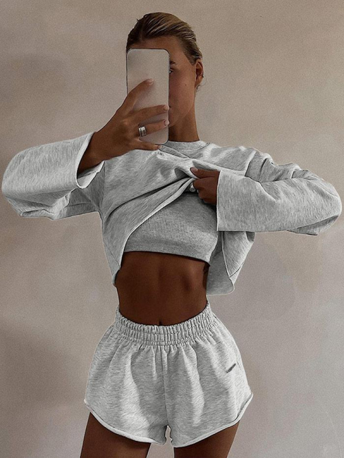 Women's Y2K Tracksuit Three Piece Set Solid Color Ribbed Cami Top and Letter Printed Pullover Crop Long Sleeves Sweatshirt and Track Shorts S Gray