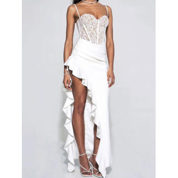 Bodycon Dress Women's Sexy Party Going Out Lace Insert Nonadjustable Spaghetti Strap Ruffle Hem Ruched Maxi Asymmetric Slinky Corset Style Dress M Whi