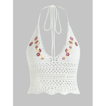 Women Tank Tops Women's Summer Vacation Beach Cute Sexy Floral Pattern Crochet Pointelle Knit Halter Tied Open Back Crop Tank Top L White