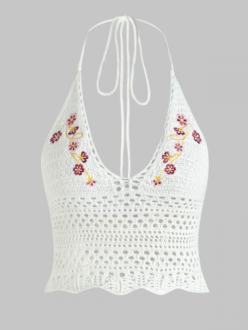 Women Tank Tops Women's Summer Vacation Beach Cute Sexy Floral Pattern Crochet Pointelle Knit Halter Tied Open Back Crop Tank Top L White