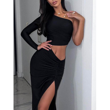 Bodycon Dress Women's Sexy Dating Night Going Out Solid Color Ruched Cut Out Design One Shoulder Long Sleeve Thigh High Slit Maxi Dress M Black