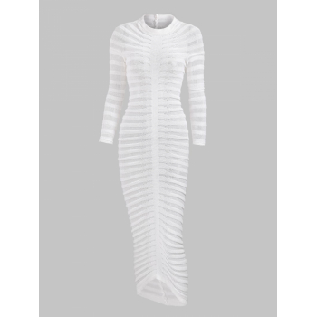 Bodycon Dress Women's Sexy Party Club See Through Openwork Long Sleeves Round Neck Maxi Slinky Sweater Dress M White