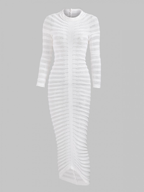 Bodycon Dress Women's Sexy Party Club See Through Openwork Long Sleeves Round Neck Maxi Slinky Sweater Dress M White