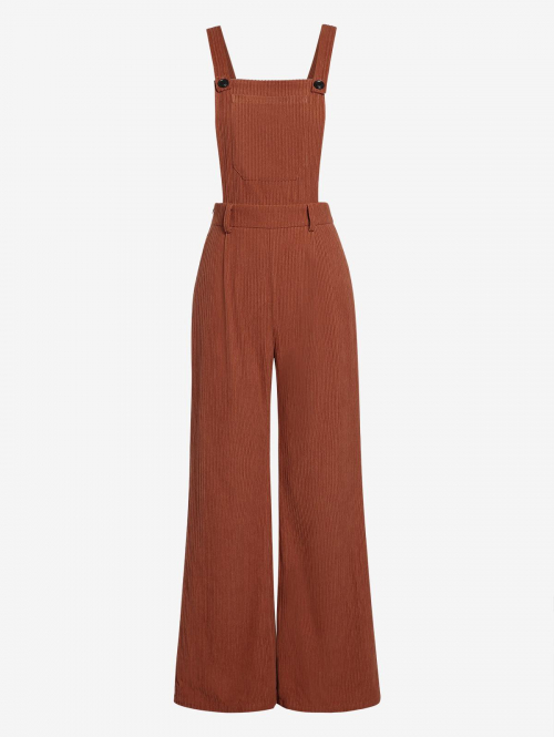 Women Jumpsuit ZAFUL Women's Solid Color Casual Daily Pockets Corduroy Pleated Waist Pinafore Overalls Wide Leg Jumpsuit M Dark orange