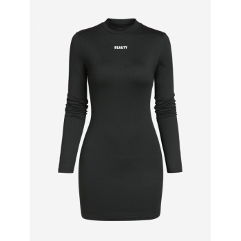 Long Sleeve Women's Sexy Street Style BEAUTY Letter Printed Mock Neck Long Sleeve Bodycon Mini Dress M Black