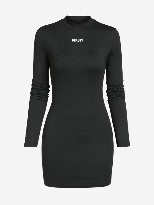 Long Sleeve Women's Sexy Street Style BEAUTY Letter Printed Mock Neck Long Sleeve Bodycon Mini Dress M Black